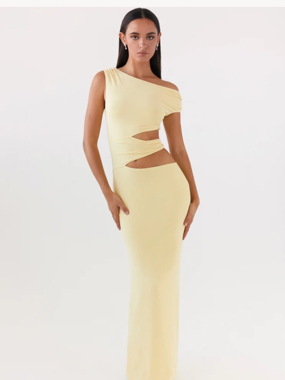 Peppermayo One-Shoulder Cutout Maxi Dress in Pale Yellow